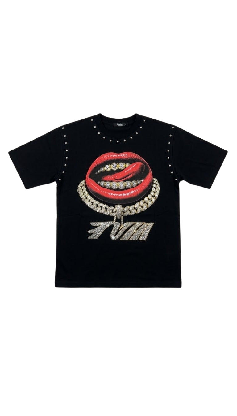 T-Shirt con Stampa "Bocca e Catena Gioiello"