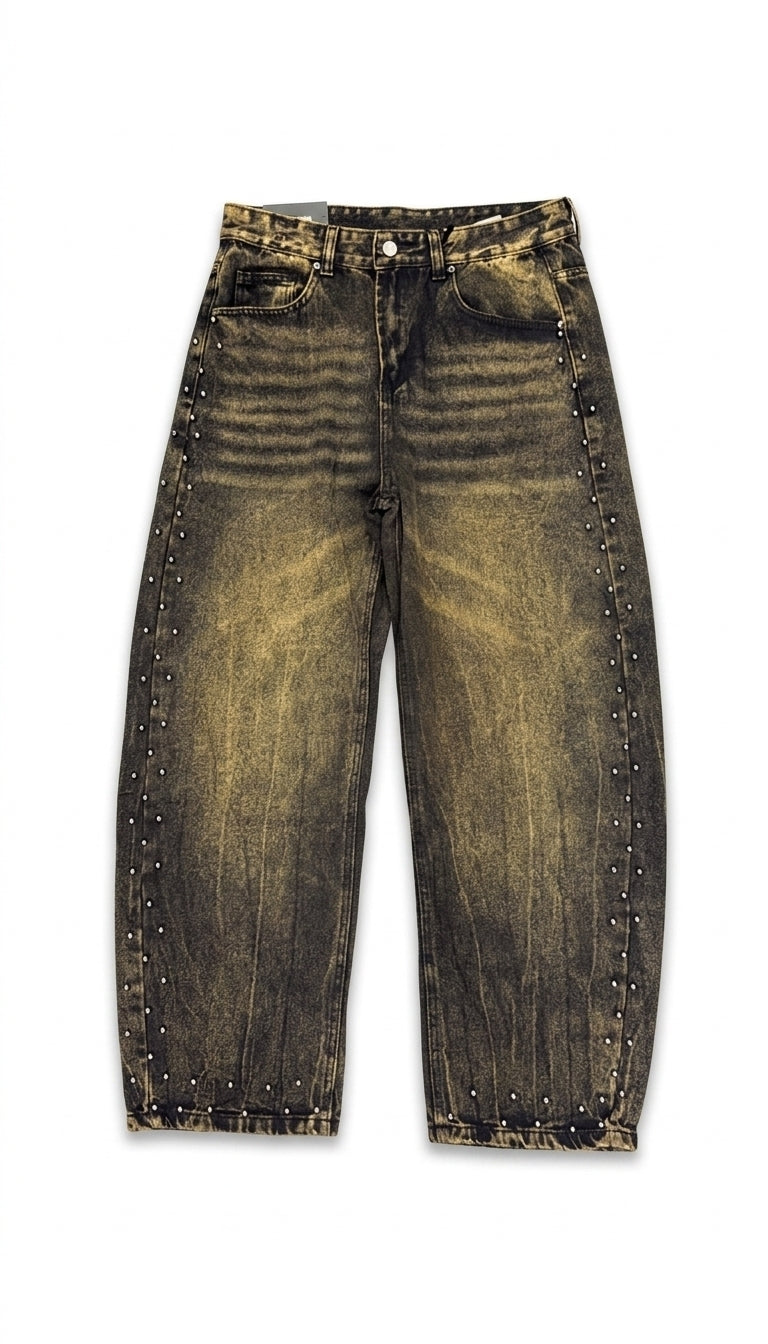 Jeans Dirty Wash Dorato con Micro Studs