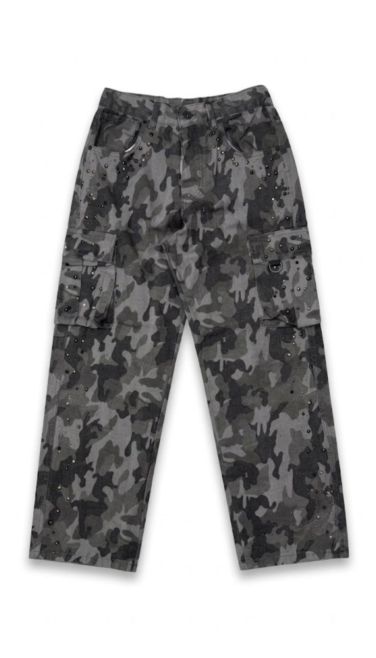 Pantaloni Cargo Mimetici con Strass