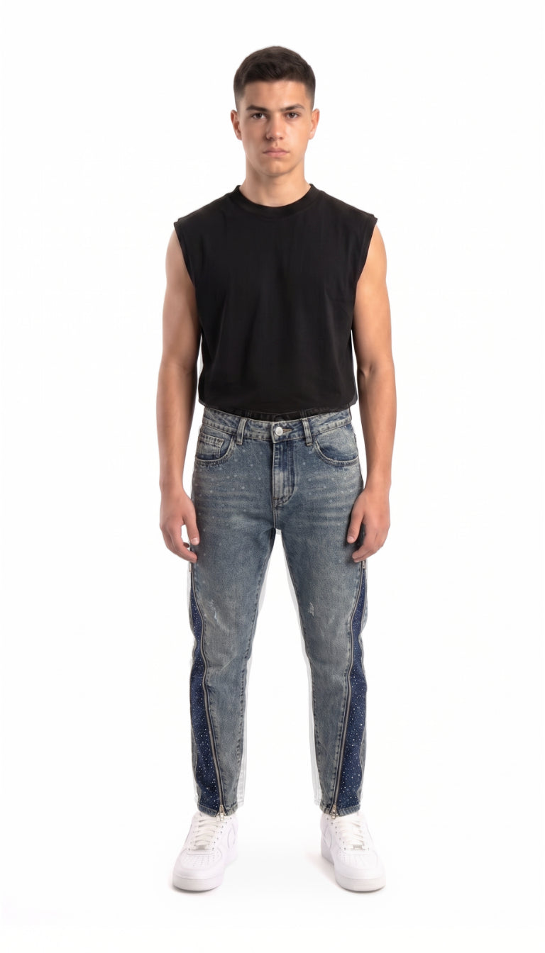 Jeans Bambino Blu con Zip e Strass sul Fondo