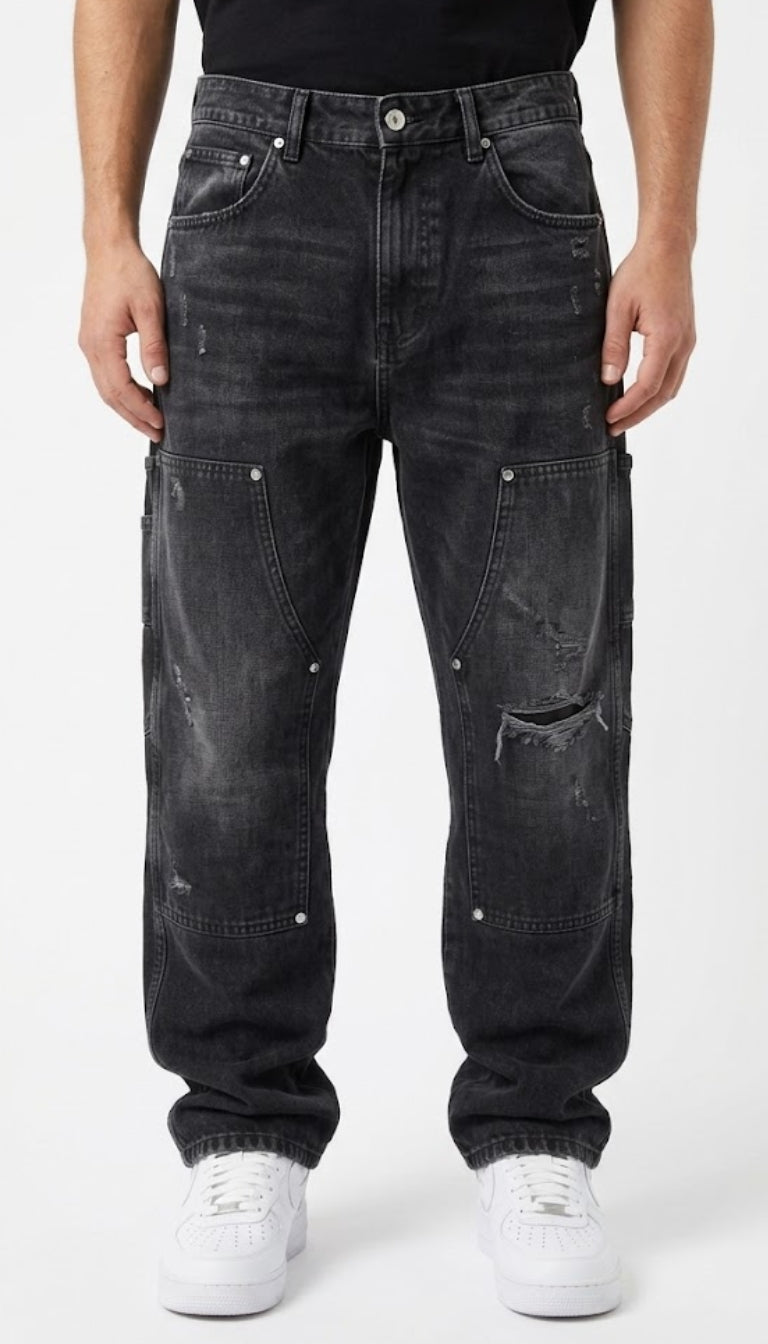 Jeans Stile Carpenter con Pannelli a Doppio Ginocchio e Dettagli Distressed