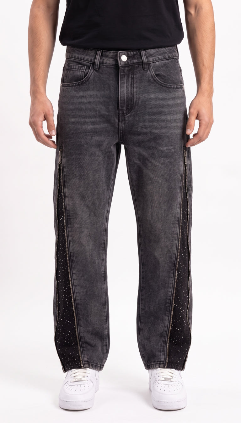 Jeans Bambino Neri con Zip e Inserti Strass