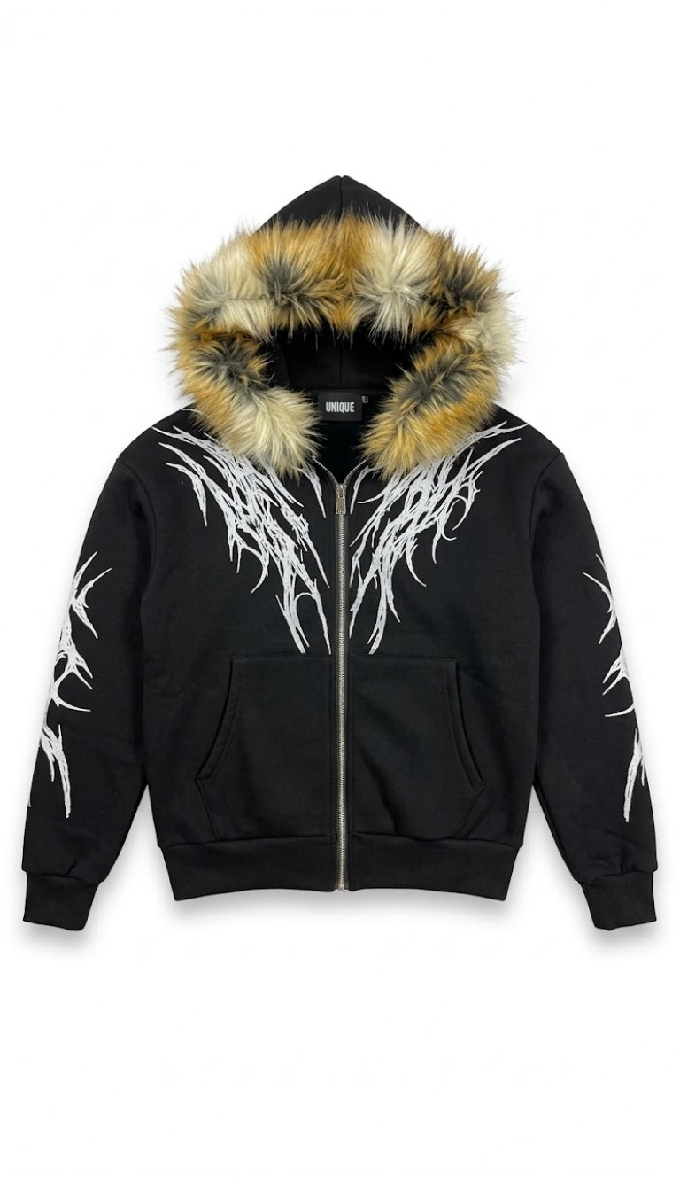 Felpa Zip con Grafiche Tribali e Cappuccio in Pelliccia