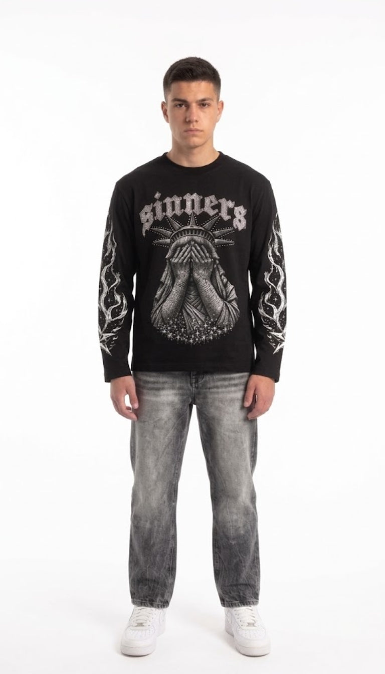 Longsleeve "Sinners" con Statua della Libertà